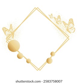 Vector Gold Square Frame with gold butterflies and beads on a white background. Suitable for cards, invitations, congratulations, banner