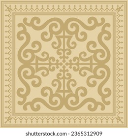 Vector gold square Yakut ornament. An endless rectangular border, a frame of the northern peoples of the Far East.