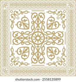 Vector gold square Yakut ornament. An endless rectangular border, a frame of the northern peoples of the Far East.