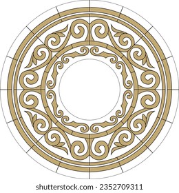 Vector gold stained glass window, Kazakh ornament. Drawing of nomads on glass. Template for a round ceiling with a chandelier in the middle.
