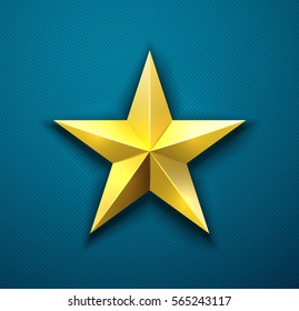 Vector Gold Star Illustration. Metal Star Badge Pinned To Dark Blue Textile Or Military Uniform. Achievement Award Design. Good For Memorial Day Greeting Card. 