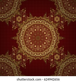 Vector gold star pattern, star decorations, golden grid on a red background. Luxury gold seamless pattern with stars.