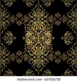 Vector gold star pattern, star decorations, golden grid on a black background. Luxury gold seamless pattern with stars.