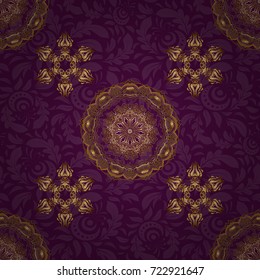 Vector gold star pattern, star decorations, golden grid on a purple background. Luxury gold seamless pattern with stars.