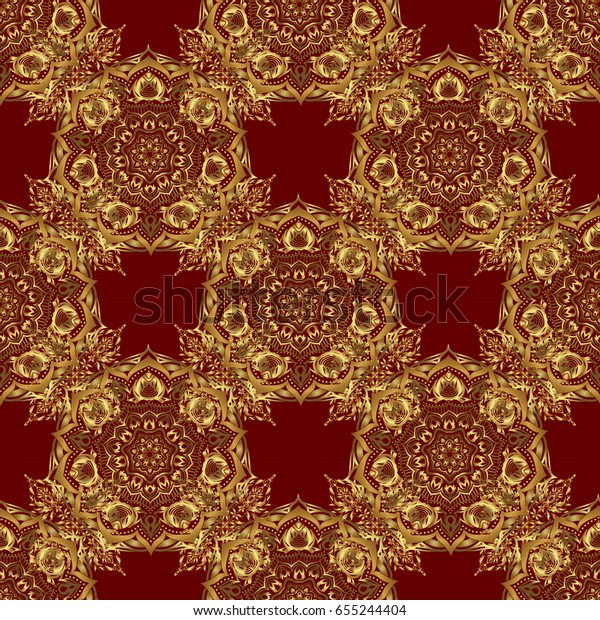 Vector gold star pattern, star decorations, golden
grid on a red background. Luxury gold seamless pattern with
stars.