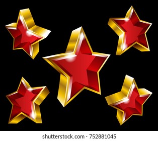 Vector gold star symbols in 3D style with different angles