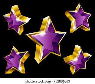 Vector gold star symbols in 3D style with different angles