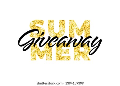 Vector gold summer giveaway illustration for promotion in social network with lettering font. Advertising of giving present fo like or repost. Decoration banner for business account.