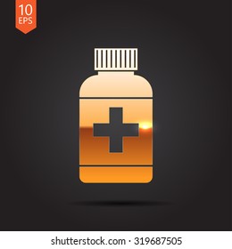 Vector gold tablet bottle on dark background . Health icon 