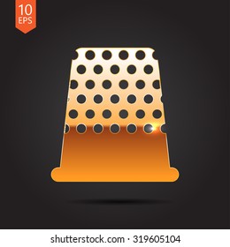 Vector gold tailor thimble for finger icon on dark background 