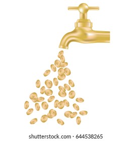 Vector gold tap with money. Idea for the business background. Coins falling from tap. Vector illustration.