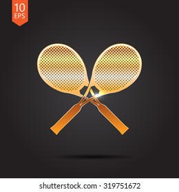 Vector gold tennis rackets icon on dark background 