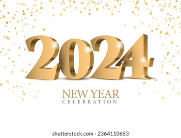 Vector gold text Design 2024. Golden 3d numbers. New year 2024 celebrations template greeting card or poster isolated on a white background