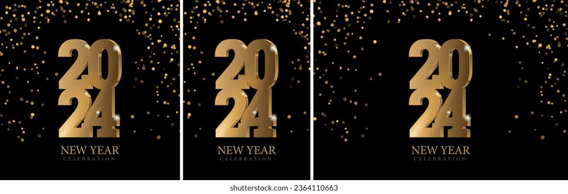 Vector gold text Design 2024. Golden 3d numbers. New year 2024 celebrations template greeting card or poster isolated on a black background