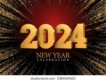 Vector gold text Design 2024. Golden 3d numbers. New year 2024 celebrations template greeting card or poster isolated on a black background