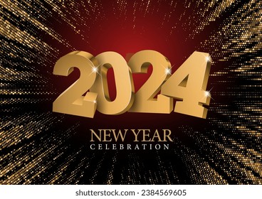 Texto de oro vectorial Diseño 2024. Números dorados de 3d. Tarjeta de felicitación o afiche de la plantilla de celebraciones del año 2024 aislado en un fondo negro