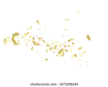 Vector Gold Tinsel Confetti Falling. Birthday, Christmas, New Year Party Celebration Firework Decor. Falling Down Sparkling Gold Foil Tinsel Vector Confetti Falling. Gift Voucher Hipster Border