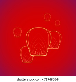 vector gold traditional Chinese floating sky lanterns Kongming  yellow contour illustration design on red background