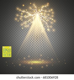 Vector gold transparent energy spotlight scene with lightning background. Abstract light effect power modern design