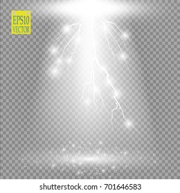 Vector gold transparent energy spotlight scene with lightning background. Abstract light effect power modern design. Vector