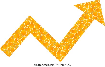 Vector gold trend up arrow mosaic icon. Trend up arrow is isolated on a white background. Gold particles mosaic based on trend up arrow icon.