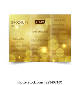 Vector gold tri-fold brochure design template with abstract bokeh background with defocused lights EPS 10 Tri-Fold Mock up & back Brochure Design