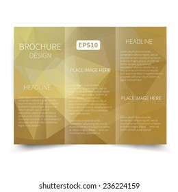 Vector gold tri-fold brochure design template with abstract geometric background. Tri-Fold Mock up & back Brochure Design with triangles. Vector design illustration EPS10