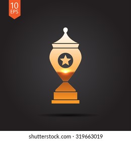 Vector gold trophy goblet icon on dark background . Winner award 