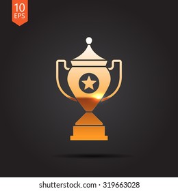Vector gold trophy goblet icon on dark background . Winner award 