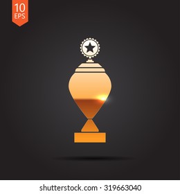 Vector gold trophy goblet icon on dark background . Winner award 