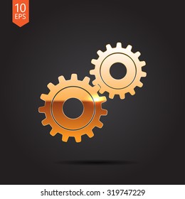 Vector gold two cogwheels icon on dark background 