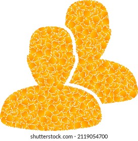 Icono de mosaico de usuarios de oro vectorial. Los usuarios están aislados en un fondo blanco. Collage de artículos de oro basado en el icono de los usuarios. La imagen icónica de los usuarios de la colección se crea a partir de elementos amarillos.