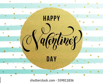 Vector gold Valentine Day text lettering with golden dots and watercolor white and blue for luxurious greeting card.