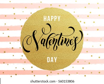 Letras de texto del Día de San Valentín de oro vectorial con puntos dorados y rayas de color blanco y rosa para una tarjeta de saludo de lujo.