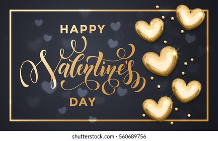 Vector gold Valentine Day text lettering with golden metal hearts and foil border frame for greeting card on black background.