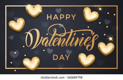 Vector gold Valentine Day text lettering with golden metal hearts and foil border frame for greeting card on black background.