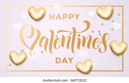 Vectorgold Valentinstag-Text mit goldenem Metallherz und Rahmen für die Folie für Grußkarte auf weißem Hintergrund.