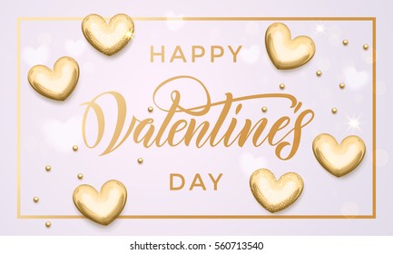 Vector de oro Valentine de San Valentín de texto con corazones de metal dorado y marco de borde de aluminio para tarjeta de saludo sobre fondo blanco.