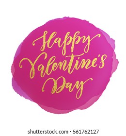 Vector gold Valentine Day text lettering for greeting card on pink red watercolor spot background