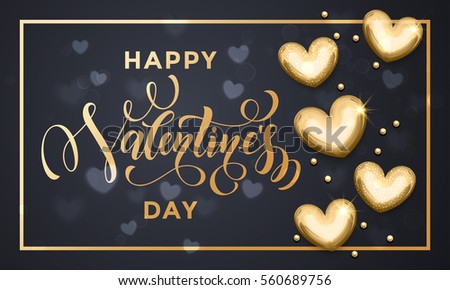Vector gold Valentine Day text lettering with golden metal hearts and foil border frame for greeting card on black background.