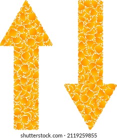Vector gold vertical exchange arrows mosaic icon. Vertical exchange arrows is isolated on a white background. Gold particles mosaic based on vertical exchange arrows icon.