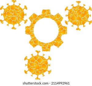 Vector gold virus gears mosaic icon. Virus gears is isolated on a white background. Gold particles mosaic based on virus gears icon. Mosaic virus gears iconic image is created from yellow items.