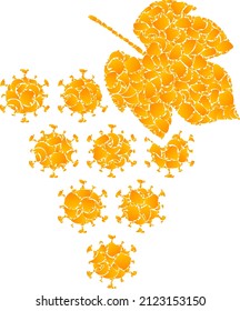 Icono de mosaico de racimo de uva del virus de oro vectorial. El racimo de uva viral está aislado en un fondo blanco. Mosaico de objetos de oro basado en el ícono de racimo de uva de virus.