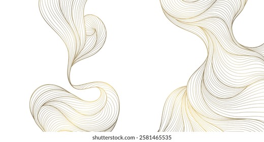 Vector gold wave line background, premium curve shape, glitter elegant template. Flow light design, ribbon banner