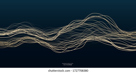 Vector gold wave lines isolated on dark teal blue gradient background in concept luxury, music, technology.