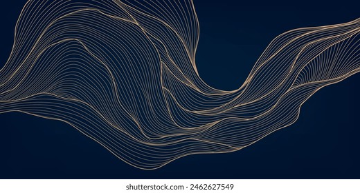 Onda de oro de Vector en ilustración de fondo oscuro, línea de arte moderno de lujo. Forma ondulada de Anuncio, Fondo de pantalla premium, póster elegante, textura curva. Estilo japonés