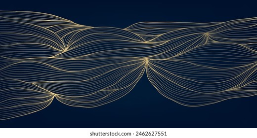 Vector gold wave on dark background illustration, line luxury modern art. Wavy shape banner, premium wallpaper, elegant poster, curve texture. Japanese style