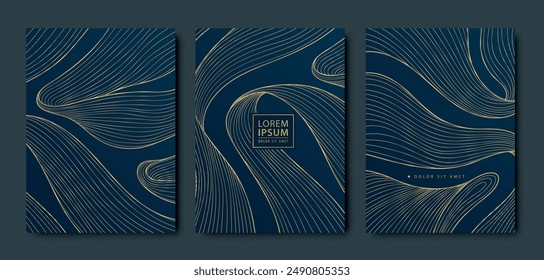 Vector gold wavy backgrounds, abstract luxury cards, golden ribbons on blue. Birthday invitation, wedding, royal brochure, poster, business card.