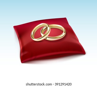 Vector Gold Wedding Rings  on Red Satin Pillow Isolated on White Background