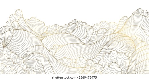 Vector gold white asian pattern, wave line sea, japanese style abstract water illustration. Luxury oriental poster, river banner